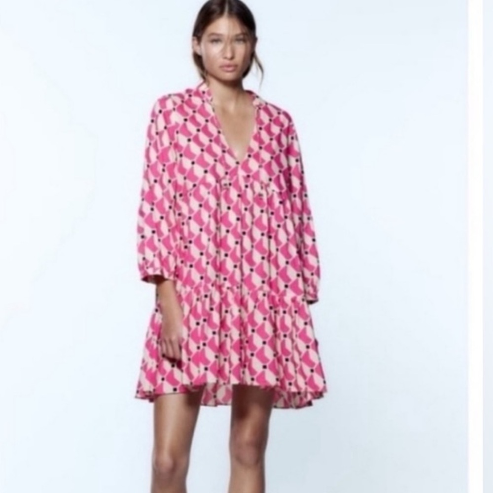 Zara The Mini Cadie Dress Pink Geometric V-Neck Women's Dress
